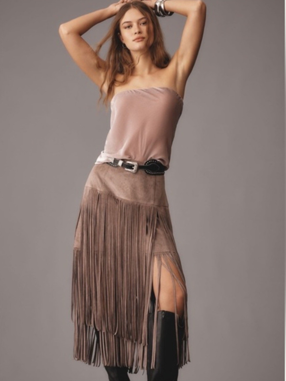 Fringe Suede Midi Skirt in Taupe